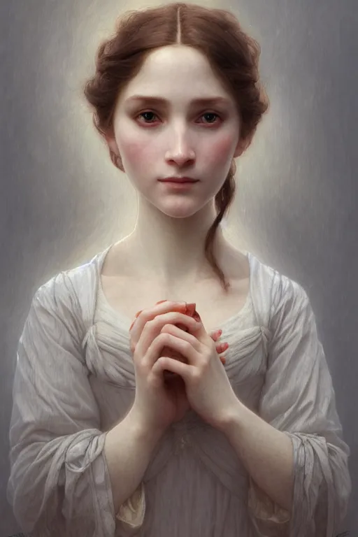 Image similar to Portrait of beautiful pale peasant girl, cinematic lighting, intricate, elegant, highly detailed, digital painting, artstation, smooth, sharp focus, illustration, art by artgerm and greg rutkowski and alphonse mucha and Wayne Barlowe and william-adolphe bouguereau