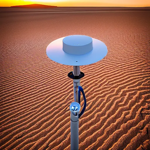 Prompt: mobile camoflaged rugged weather station sensor antenna for monitoring the australian desert, XF IQ4, 150MP, 50mm, F1.4, ISO 200, 1/160s, dawn