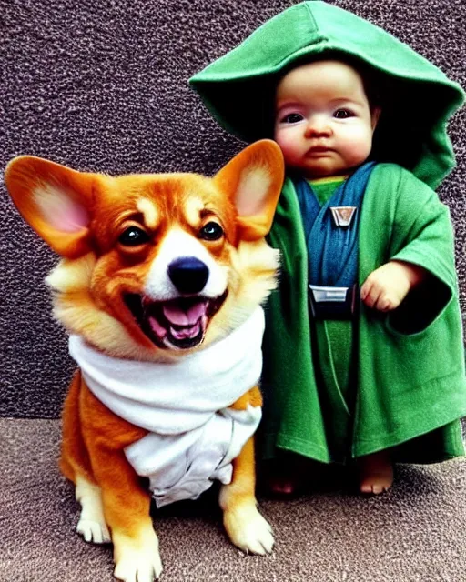 Image similar to baby yoda and his best friend corgi kenobi, a corgi dog dressed as obi wan kenobi in jedi robes, photographed in the style of gilbert taylor, star wars, tatooine