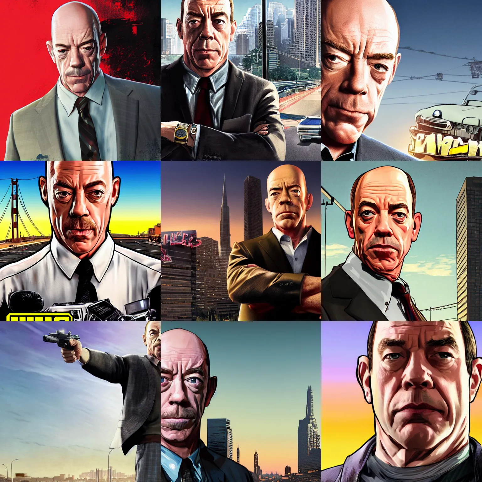 Prompt: jk simmons in gta v promotional art by stephen bliss, no text, very detailed, high quality, dramatic lighting, great likeness