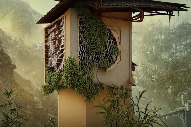 Prompt: simplicity, elegance, foliage overgrowing favela honeybee hive, art nouveau environment, award winning art, epic dreamlike fantasy landscape, ultra realistic,