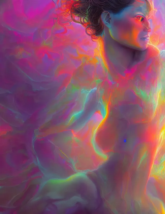 Image similar to A woman made of mist, in a colorful atmosphere, masterpiece digital painting by Alex Grey, Greg Rutkowski, 4k wallpaper