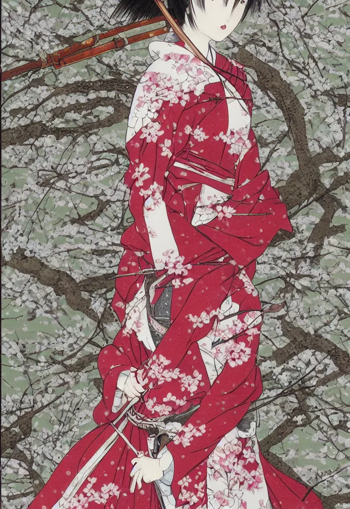 Prompt: detailed portrait of girl samurai in hakama with swords and rifles, in snow forest sakura cherry blossom, hakama kimono, taisho roman, trending on artstation, elite, elegant, luxury, by takato yamamoto, perfect face, fine details, realistic shaded, fine - face, pretty face