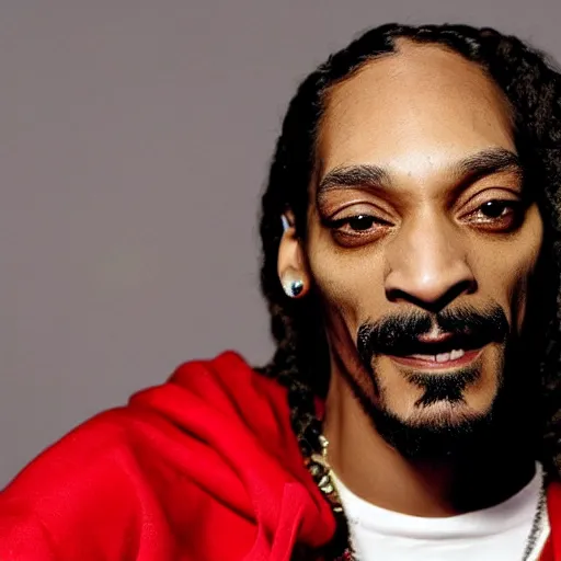 Image similar to Snoop Dog with big eyes eye color red , smiling and holding a joint in his hand