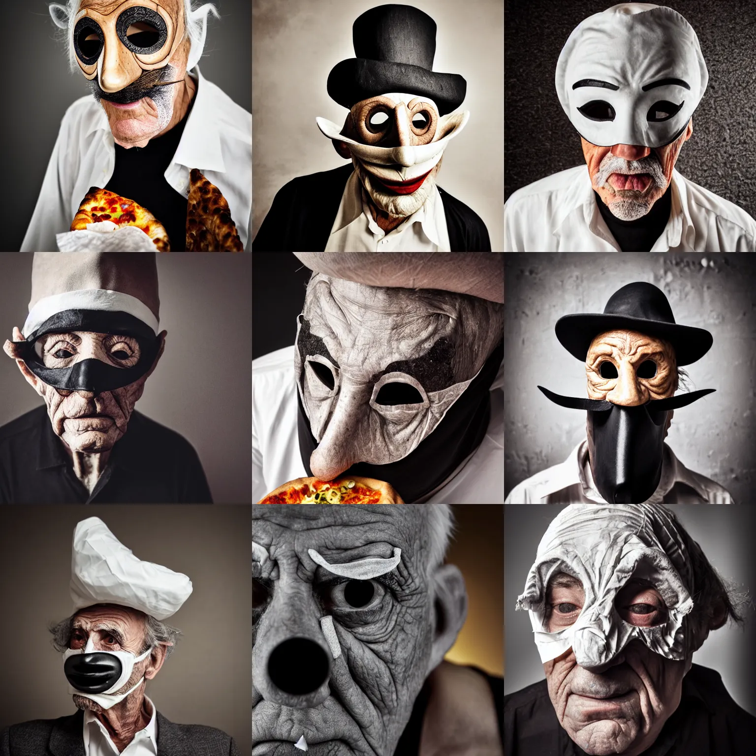 Prompt: portrait photo of an old man, wrinkles, moody, sinister looking, long nose, crooked nose, black pulcinella masquerade mask, white conical hat, white wrinkled shirt, backlit, muted colors, pizza in foreground, black background, close - up, skin blemishes, acclaimed, nikon 5 0 mm, expensive masterpiece