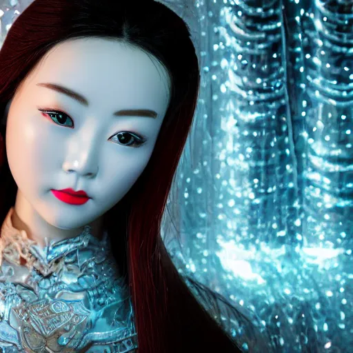 Image similar to closeup photo of beautiful realistic Chinese ancient princess standing in the corridor in the space ship, attractive symmetrical face, big eyes and lips, subtle makeup, clean face and body skin,ecstatic face expression, ornamental jewelry and ancient translucent clothes, futuristic space ship interrior, wires with lights,depth of field, lens flare, moody lighting, moody photography, old photo, black and white, sepia, cinematic lighting, cinematic angle, editorial photography