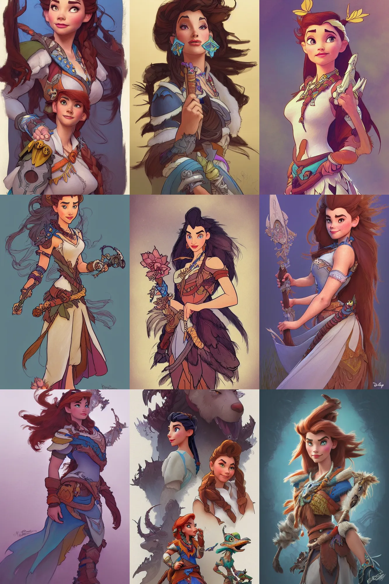 Image similar to pencil spot illustrations of various disney characters combined with a horizon zero dawn 2 aesthetic, d & d, fantasy, intricate, elegant, highly detailed, digital painting, artstation, concept art, matte, sharp focus, illustration, hearthstone, art by bridgeman and artgerm and greg rutkowski and alphonse mucha and ruan jia and conrad roset