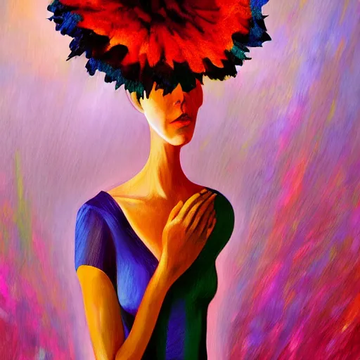 Prompt: giant flower head, woman standing in a luxury apartment, surreal, dramatic light, impressionist painting, digital painting, artstation, georgia o'keeffe