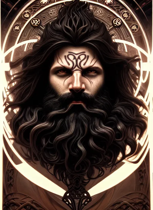 Image similar to furious god zeus, wavy black hair, bushy beard, glowing eyes, thunder forehead tattoo, volumetric lights, rose gold scheme, art nouveau botanicals, gothic, intricate, highly detailed, digital painting, artstation, concept art, smooth, sharp focus, symmetric face, illustration, steampunk, art by artgerm and greg rutkowski and alphonse mucha