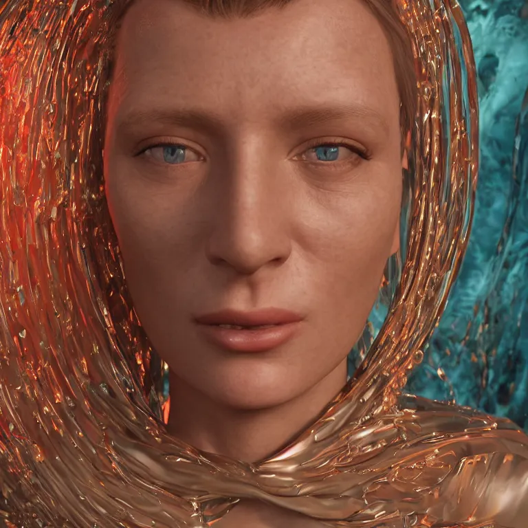 Image similar to octane render portrait by wayne barlow and carlo crivelli and glenn fabry, the face of a beautiful woman surrounded by waves of tie - dye colored shiny reflective liquid metal, cinema 4 d, ray traced lighting, very short depth of field, bokeh