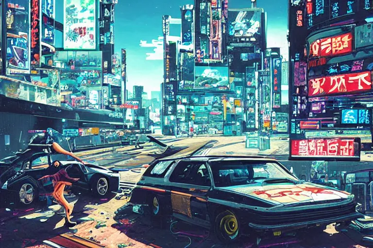 Prompt: a van has crashed and rolled over. tokyo can be seen in the far off distance. art in the style of vincent di fate's cyberpunk 2 0 2 0.