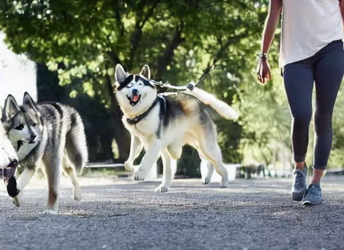Prompt: Photo of a girl walking a giant husky dog that is as tall as her