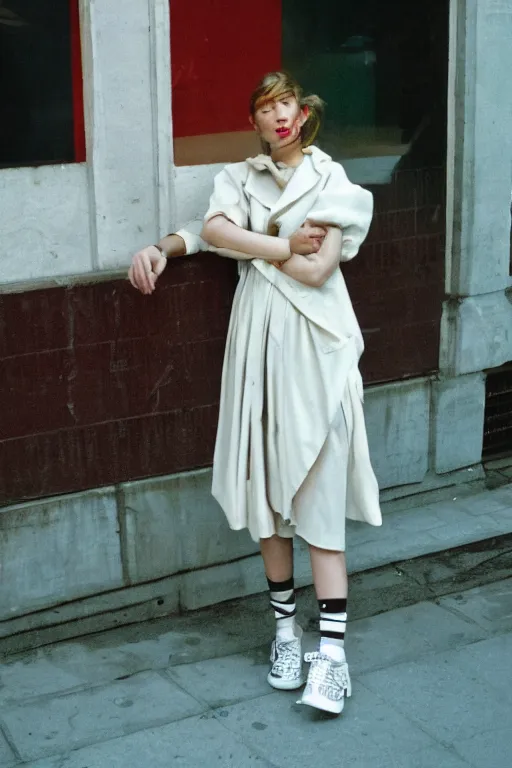 Image similar to high quality realistic street photo of girl, stylish hairstyles, clothes in the style of 1 9 9 0, fashion style clothes from maison margiela and off - white ; kodak ektar, 2 0 0 iso, 3 5 mm lens, bill henson style beautiful chiaroscuro lighting, beautiful colour palette, beautiful and realistic, wide shot