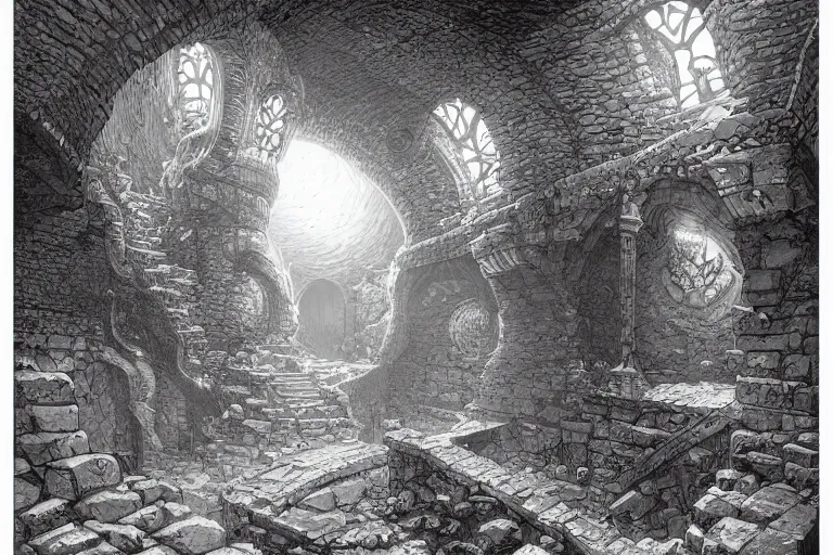 Prompt: black and white point perspective dungeon cozy fantasy dungeon you find the burrowed lair of swordlore, the full worm,by artgerm and Craig Mullins, James Jean, Andrey Ryabovichev, Mark Simonetti and Peter Morbacher 16k