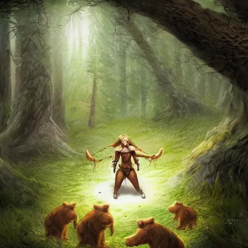 Image similar to elven druid summoning bears in the forest, diablo 2 inspired, trending on artstation, ultra fine detailed, hyper detailed, hd, concept art, digital painting