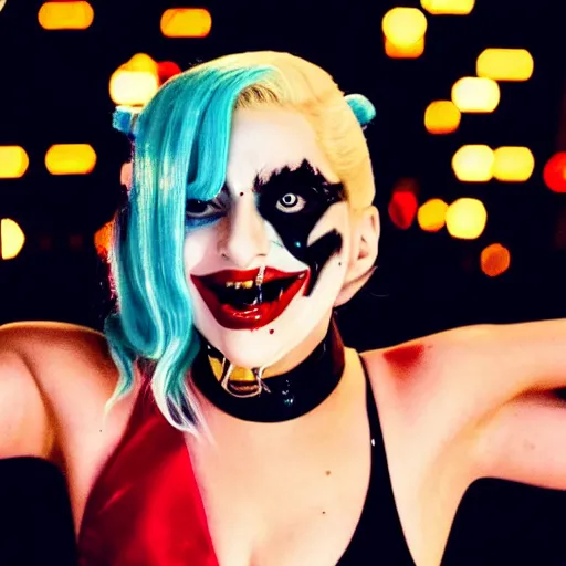 Prompt: close-up photograph of Lady Gaga portraying Harley Quinn while laughing in the movie Joker 2023, dancing pose, moody lighting, award winning photo by Annie Leibovitz, 4k