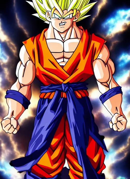 Image similar to a full portrait photo of super saiyan son goku, f / 2 2, 3 5 mm, 2 7 0 0 k, lighting, perfect faces, award winning photography.