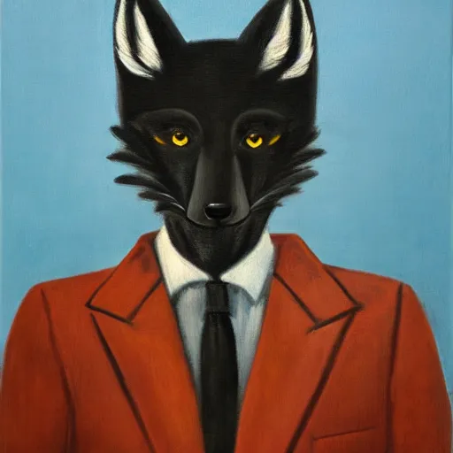 Image similar to portrait of a male anthro anthropomorphic black fox furry fursona with hands on eyes, wearing a suit, 1 9 7 0 s oil on canvas painting, by famous artist jylon denja