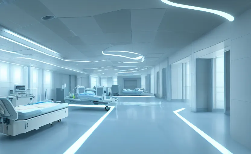 Image similar to a hospital with soft blue lights in the roof, octane render, artstation trending, highly detailded