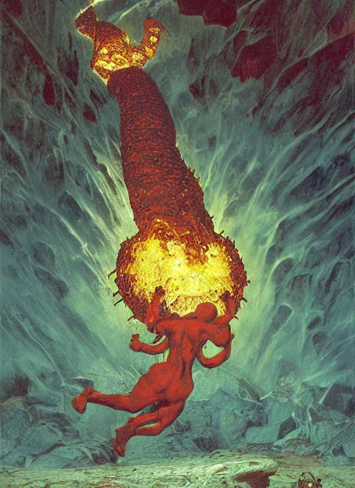 Image similar to giant louse in lava cave, explosions, lava flows, dynamic action, by lawrence alma tadema and zdzislaw beksinski and norman rockwell and jack kirby and tom lovell and greg staples, arstation creature concept