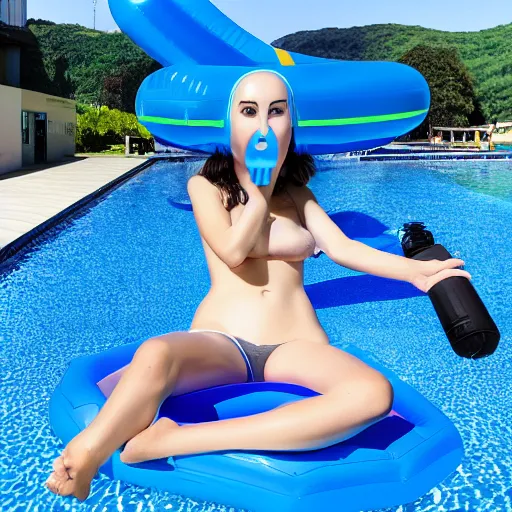 Image similar to a giant inflatable pool toy human head with open mouth on realistic water, long shot, hyper detailed, hyper realistic, ray tracing, 8 k resolution, sharp focus, realistic water, award winning
