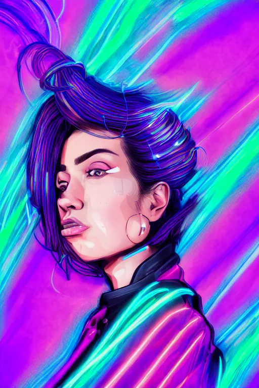 Image similar to a award winning half body portrait of a beautiful woman in a croptop and cargo pants with ombre purple pink teal hairstyle and hands in pockets by ari liloan, surrounded by whirling illuminated lines, outrun, vaporware, shaded flat illustration, digital art, trending on artstation, highly detailed, fine detail, intricate