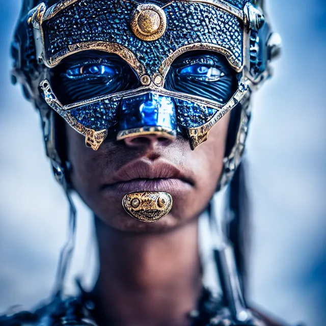 Image similar to photo of a beautiful warrior with sapphire encrusted armour highly detailed 8 k hdr smooth sharp focus high resolution award - winning photo dslr 5 0 mm