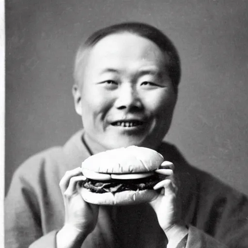 Prompt: a photo of a happy man from qing empire holding and eating a hamburger, award winning photo, high quality, 1 9 century photo, highly detailed, black and white