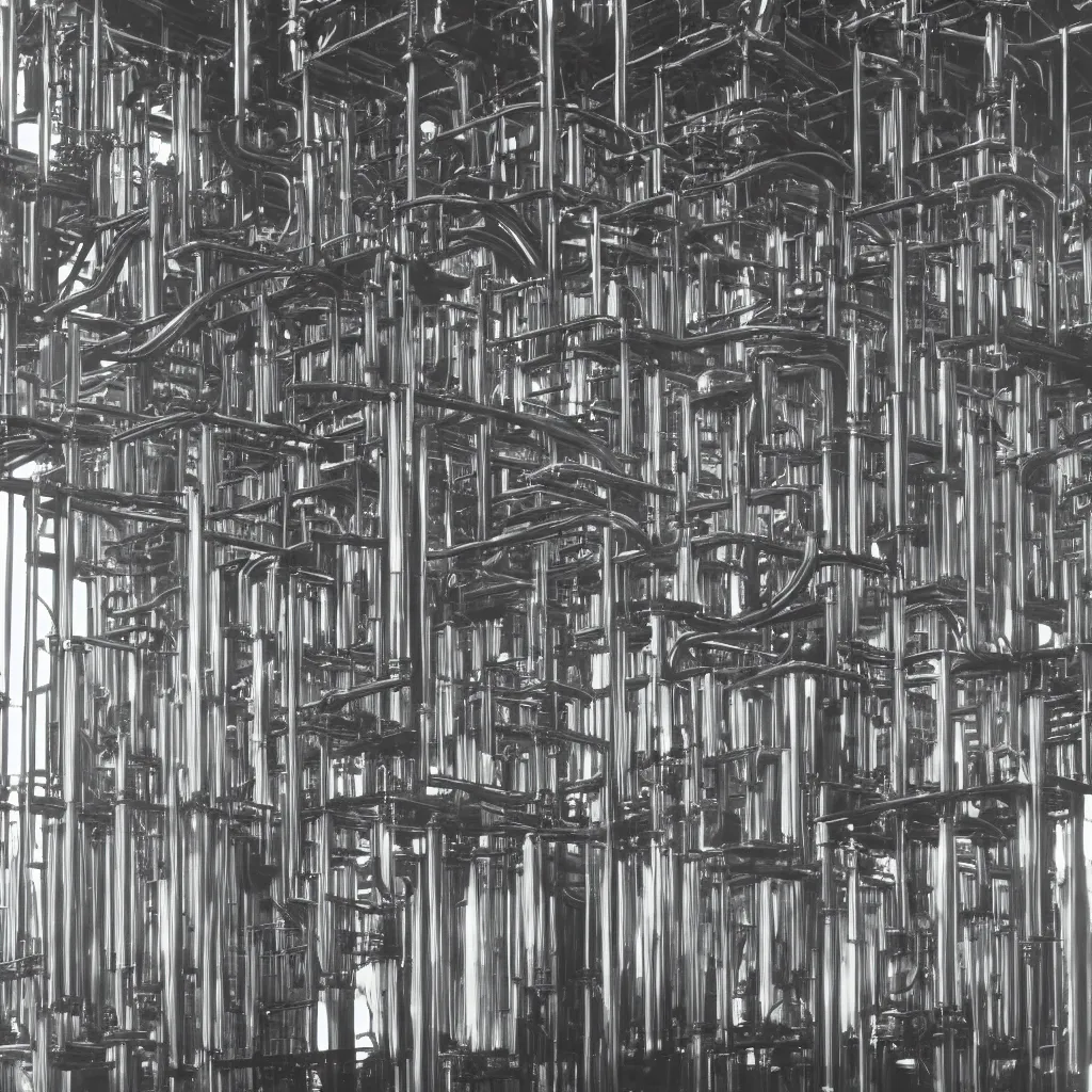 Image similar to A huge extraction machine with transparent pipes works the ground in dust and iridescent oil, close-up, Bernd and Hilla Becher