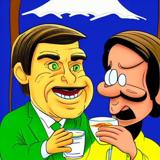 Prompt: cartoon drawing of Brazilian politicians Lula and Bolsonaro together drinking a lemon drink caipirinha with the Corcovado on the background, cute, cartoon, Disney, friendly, detailed