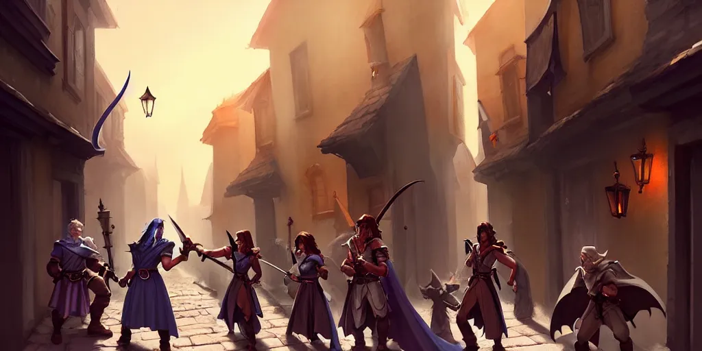 Image similar to an exciting fantasy street battle within a fascinating old city, photo-real characters, narrow streets, old buildings, by Sylvain Sarrailh, cinematic, simple but effective composition, clean lines, beautiful digital painting, oil painting, ultra photo-real render, great character design, dungeons and dragons, lord of the rings, close up characters, fantasy races