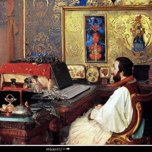 Prompt: russian tsar Peter The Great 18th century installs operating system ubuntu on desktop computer laptop by vasnetsov and surikov serov, JEAN-VICTOR BERTIN, by Terence Cuneo, detailed, artfully traced, 4k resolution, cinematic, dramatic