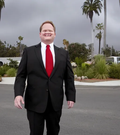 Image similar to Andy Richter is dressed in a black suit and a red necktie and riding a motorcycle into a studio lot. The studio lot is filled with Soundstages and movie trailers. It is a bright afternoon and overcast.