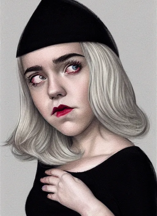 Image similar to full body portrait, kiernan shipka as sabrina spellman, white hair, obese, bangs, sultry, realistic, sultry smirk, fluffy bangs, freckles, fat, belly, intricate, elegant, highly detailed, digital painting, artstation, concept art, smooth, sharp focus, illustration, art by wlop, mars ravelo and greg rutkowski