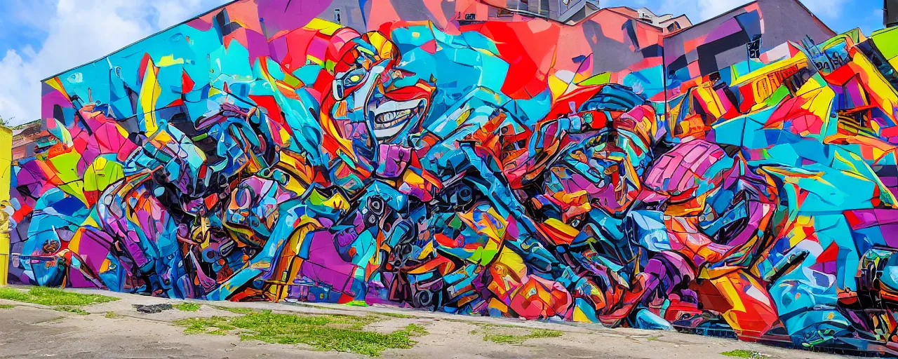 Image similar to a mural by loomit in street art style, graffiti painting, hyperdetailed, colorful, 3 d, perspective, dynamic, plastic, complex, intricate