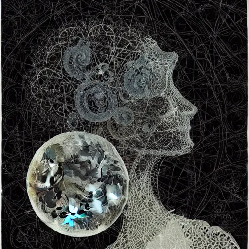 Prompt: looking at the full moon, transparent soul leaving the body, filigree, lace, art by loish, dave mckean