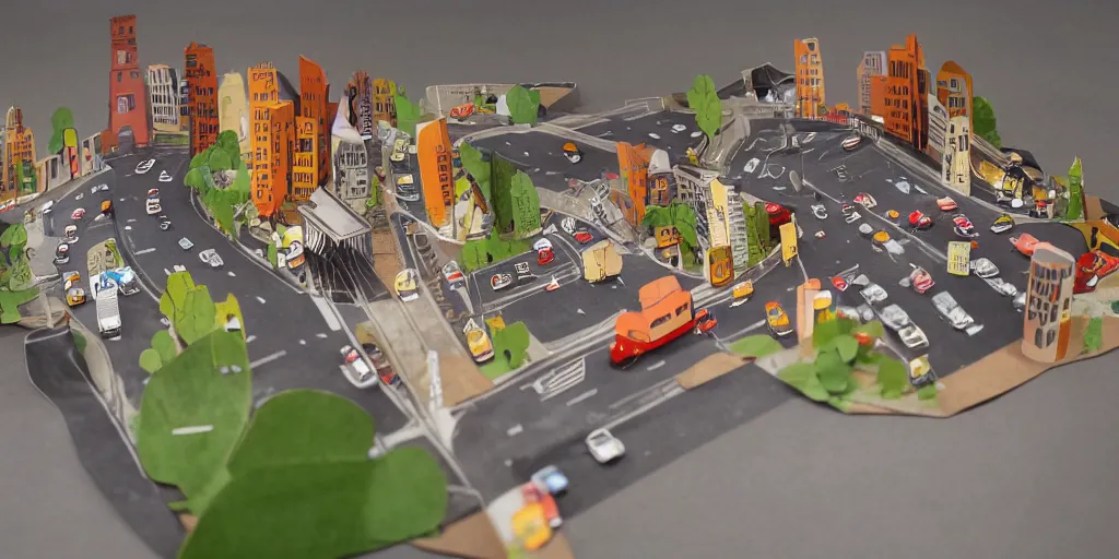 Image similar to paper craft diorama of a city with people and cars