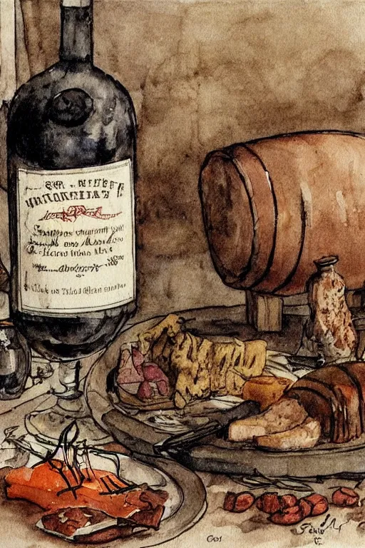 Image similar to pork, meat, schnapps, wine, cheese, candle on a barrel in a cellar, watercolor painting by anderz zorn and carl larsson