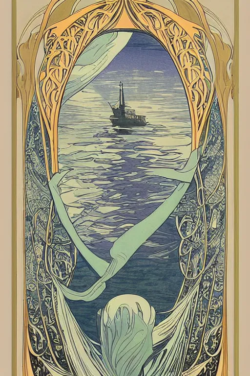 Prompt: Beautiful Art Nouveau print of a ship crossing the vast ocean