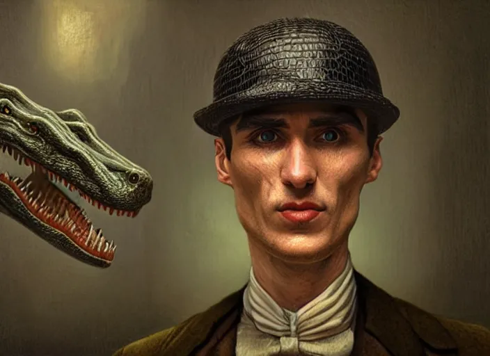 Prompt: thomas shelby as a alligator, lowbrow, matte painting, 3 - d highly detailed, in the style of mark ryden,