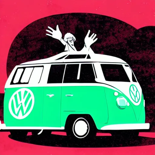 Image similar to illustration of jerry garcia driving a volkswagon bus and waving