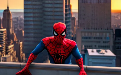 Image similar to spider - man on top of a building in new york watching the sunset, unreal engine 5, render, cg society