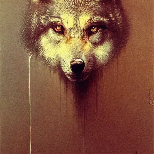 Prompt: portrait painting of (wolf) (girl) by Beksinski