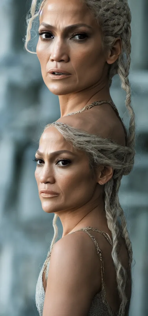 Image similar to Jennifer Lopez as Daenerys Targaryen, XF IQ4, 150MP, 50mm, F1.4, ISO 200, 1/160s, natural light