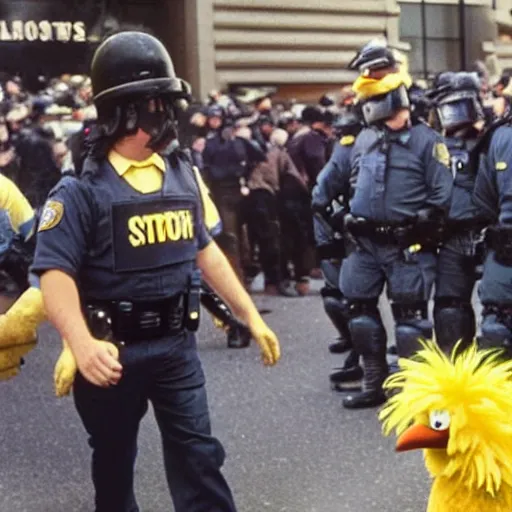 Image similar to a photo of big bird from Sesame Street being arrested at a riot