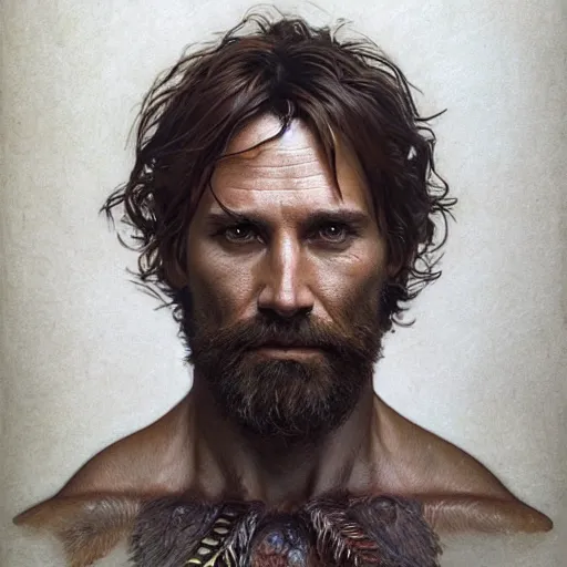 Image similar to portrait of the god of the forest, 40 years old, rugged, male, gorgeous, detailed face, amazing, hairy torso, muscular, intricate, highly detailed, digital painting, artstation, concept art, sharp focus, illustration, art by greg rutkowski and alphonse mucha