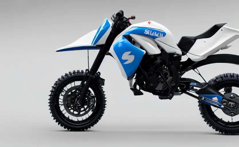 Image similar to suzuki prototype, dakar motorbike, symmetrical mechanical features, designed by professional, fog and dirt, industrial design, northen lights background, brushed white and blue paint, black wheel rims, hard surfaces modelling, show room scene, dramatic lighting, hyper realistic rendering, octane, depth of field, bokeh effect, 1 5 0 mm, 4 k