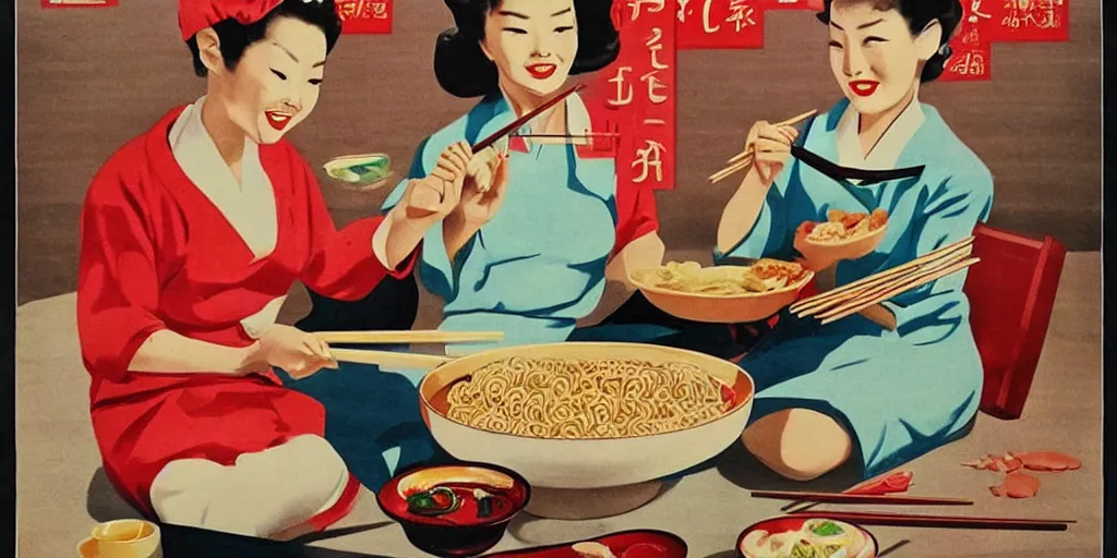 Image similar to 2 beautiful women holding chopsticks and eating a bowl of ramen, 1950s poster art