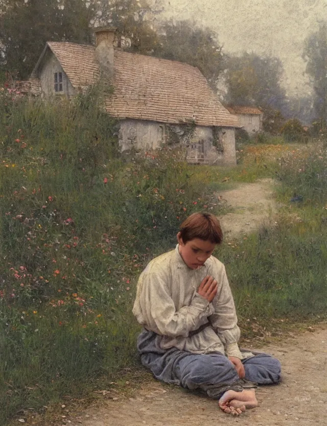 Prompt: peasant boy praying in country house in front of an icon, cottage core, cinematic focus, polaroid photo bleached vintage pastel colors high - key lighting, soft lights, foggy, by steve hanks, by lisa yuskavage, by serov valentin, by tarkovsky, detailed, oil on canvas