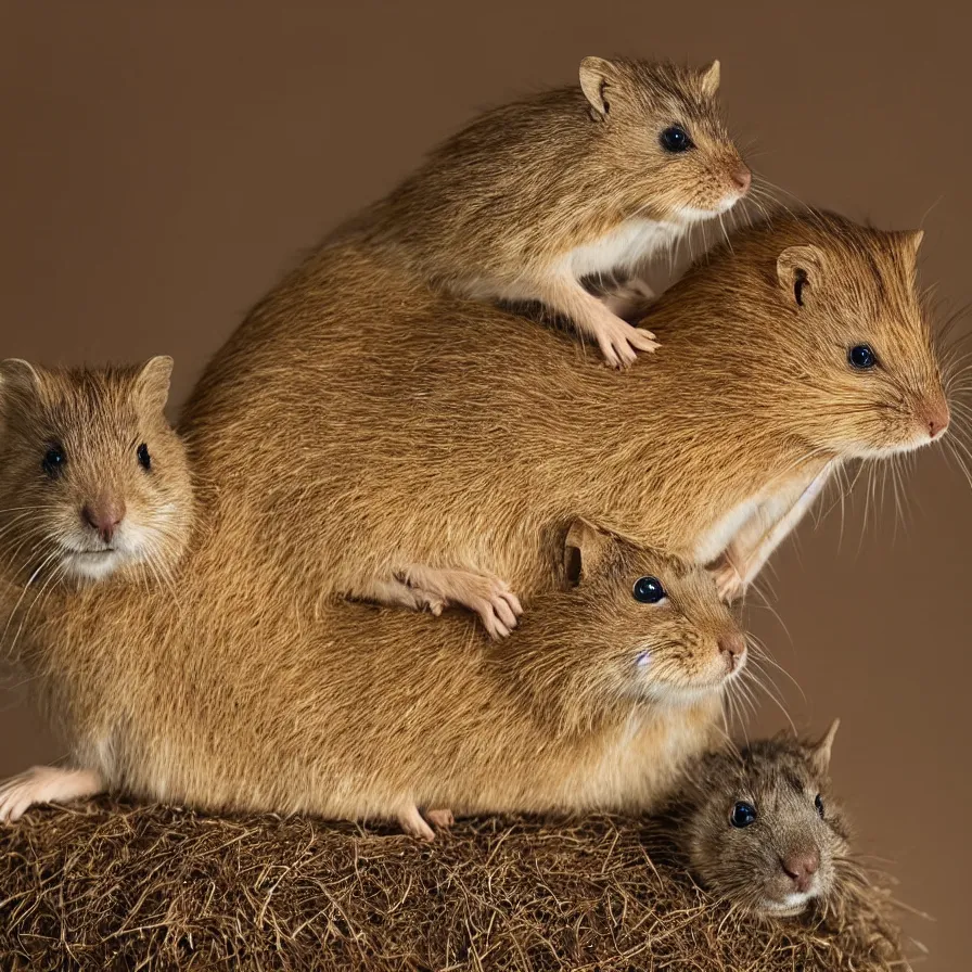 Prompt: a harvest mouse sitting on top of a cat sitting on top of a capybara, high definition, national geographic, award winning, god rays, 8k, 35mm wide angle photograph